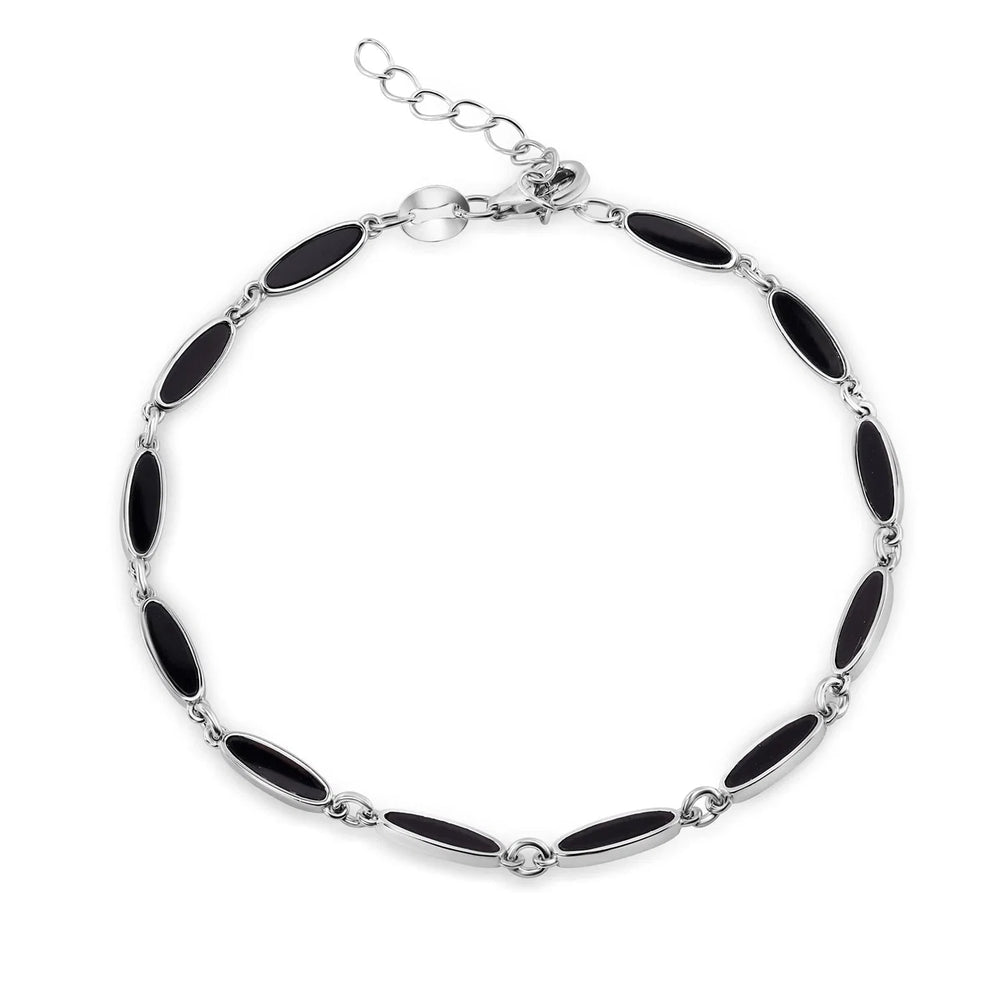 Sterling Silver Rhodium Plated Onyx Cat's Eye Link Bracelet