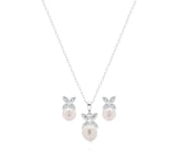 Sterling Silver Rhodium Plated Clear CZ Hanging Pearl Butterfly Set With CZ  Stones