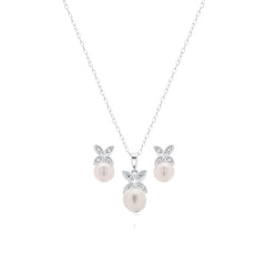 Sterling Silver Rhodium Plated Clear CZ Hanging Pearl Butterfly Set With CZ  Stones