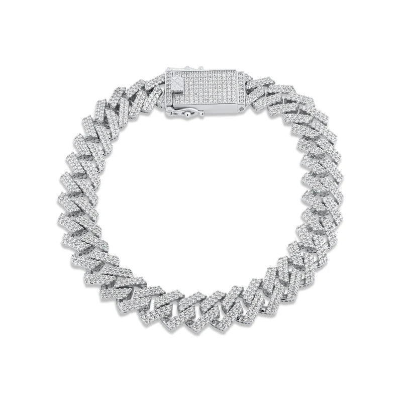 Sterling Silver CZ Encrusted Square Miami Cuban Link Chain or Bracelet 13mm