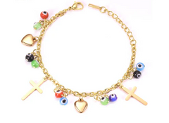 Tresoli Stainless Steel Gold Color PVD Cross Eyes Heart Pendants Bracelet