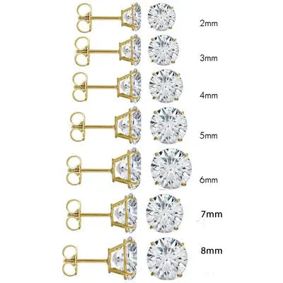 14K Yellow Gold Round Cubic Zirconia Earring. Set on High Quality Prong Setting and Friction Style Post