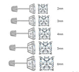 14K White Gold Princess Cut Cubic Zirconia Stud Earring Set on High-Quality Prong Setting, Screw Back Post