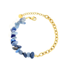 Stainless Steel Gold Color PVD Irregular Blue Aventurine Spliced Bead O Link Chain With Round Tail Bracelet