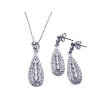 Load image into Gallery viewer, Sterling Silver Rhodium Plated Teardrop Channel CZ Dangling Stud Earring and Necklace Set