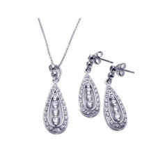 Sterling Silver Rhodium Plated Teardrop Channel CZ Dangling Stud Earring and Necklace Set
