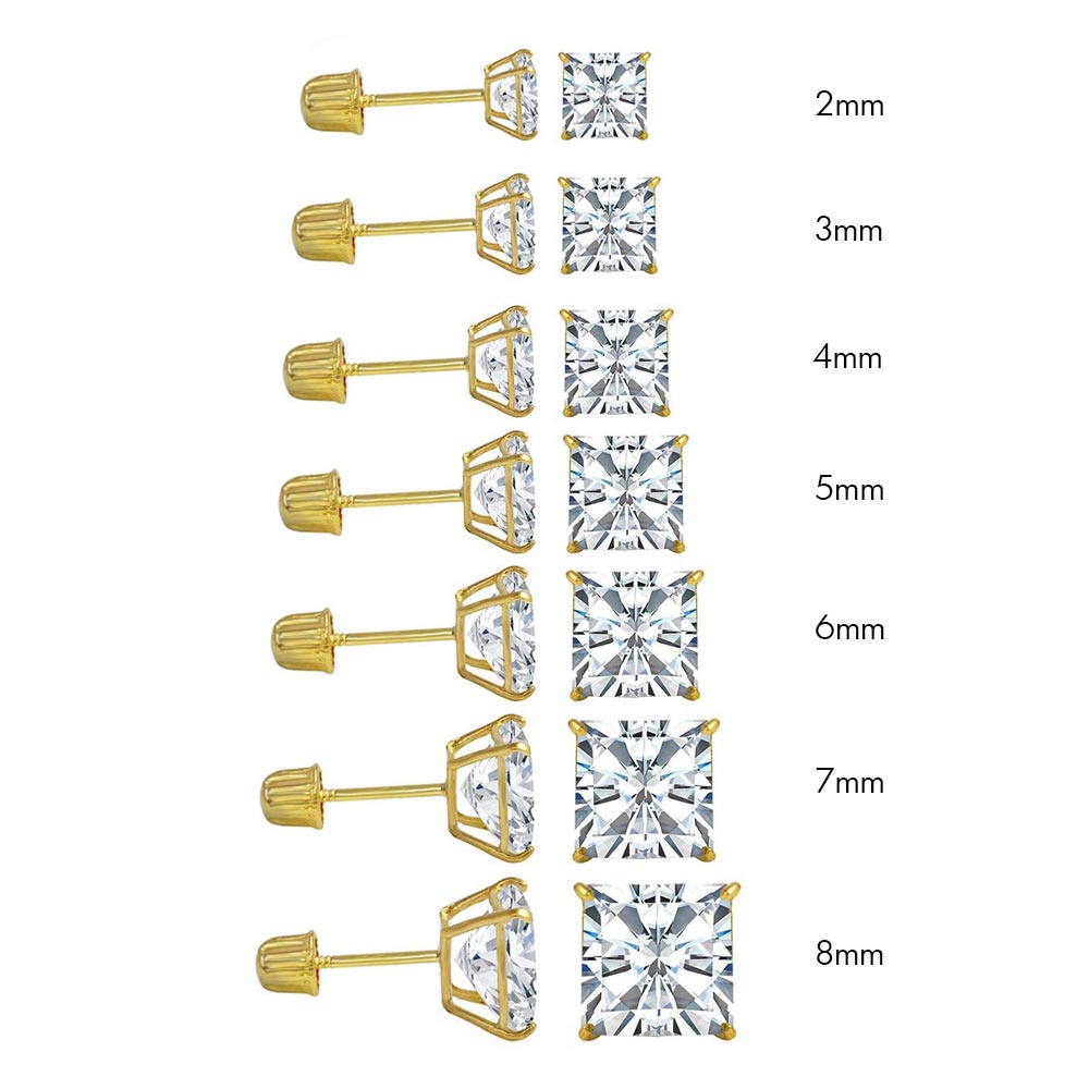 10K Yellow Gold Princess Cut CZ Stud Earring Set on High Quality Prong Setting And Screw Back