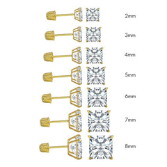 10K Yellow Gold Princess Cut CZ Stud Earring Set on High Quality Prong Setting And Screw Back