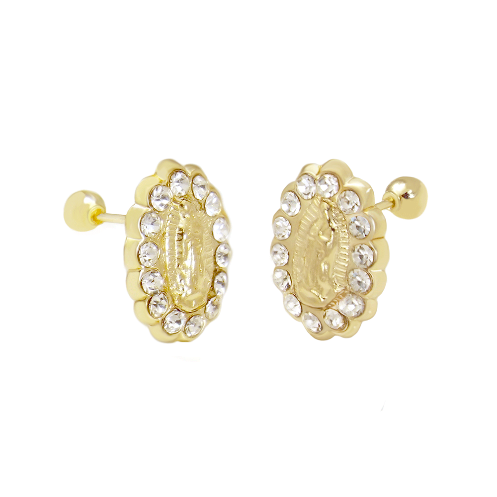 14K Yellow Gold Lady of Guadalupe With Screw-Back Stud Earrings-Large