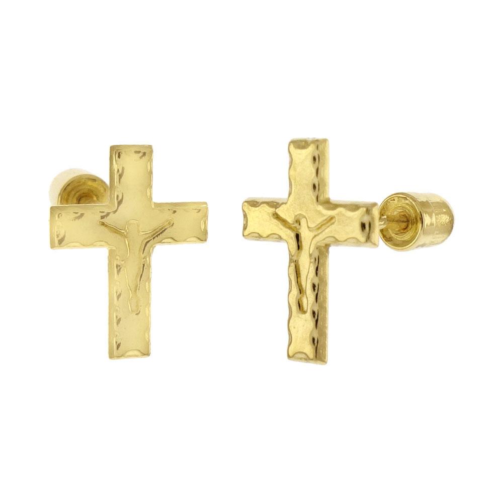 14K Yellow Gold Crucifix Cross Stud Earrings With Screw Back