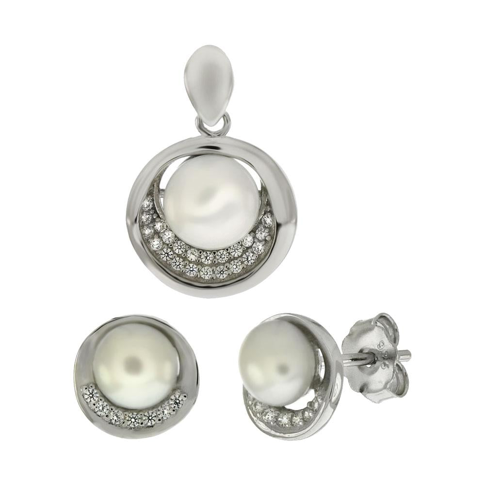Sterling Silver Micro Pave CZ W. Fresh Water Pearl Earrings Pendant Set