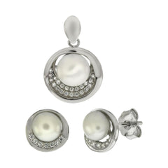 Sterling Silver Micro Pave CZ W. Fresh Water Pearl Earrings Pendant Set