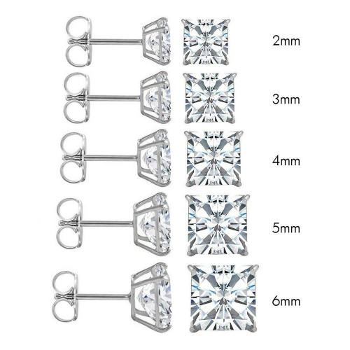 14K White Gold Princess Cut Cubic Zirconia Earring Set on High Quality Prong Setting and Friction Style Post