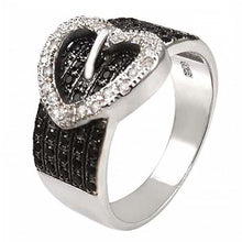 Load image into Gallery viewer, Sterling Silver Fancy Micro Pave Clear and Black Cz Heart Buckle Design Ring with Ring Width of 13MM