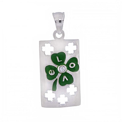 Sterling Silver Rectangle Tag Pendant with Black Enamel Clover Leaf, Pendant Dimensions of 13MMx28.58MM