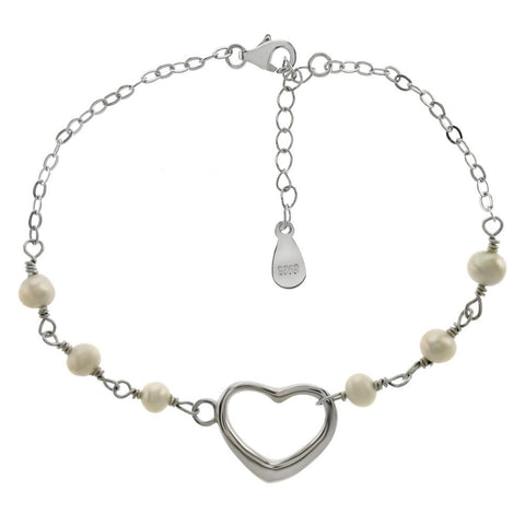Sterling Silver Floating Heart W Fresh Water Pearl Rhodium Bracelet