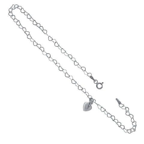 Sterling Silver Italian Heart Chain W Dangle Puff heart Anklet
