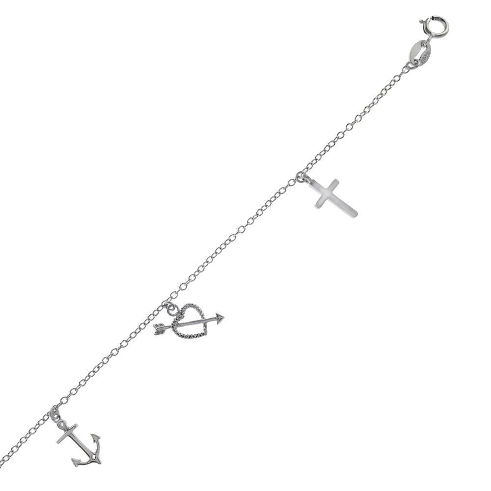 Sterling Silver Rolo W Dangle Charm Rhodium Bracelet