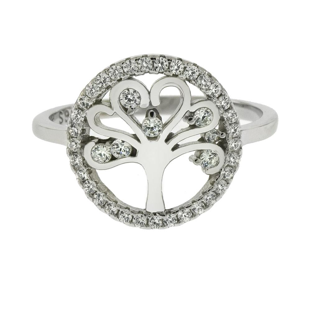 Sterling Silver Cubic Zirconia Tree Of Life Rhodium Ring