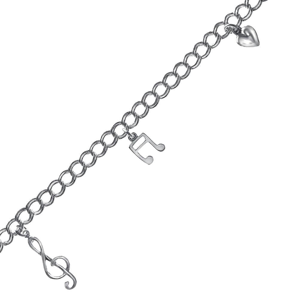 Sterling Silver Musical Note And Heart Dangle Charms Bracelet