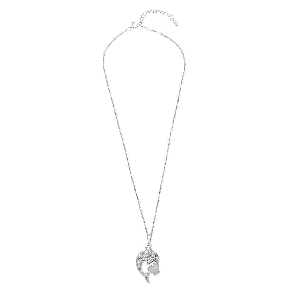 Sterling Silver Rhodium Plated CZ Dolphin With Heart Necklace
