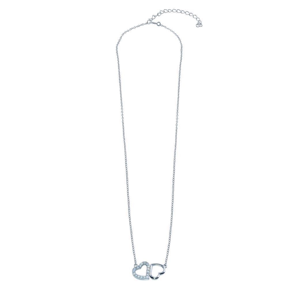 Sterling Silver Rhodium Plated CZ Twin Hearts Necklace