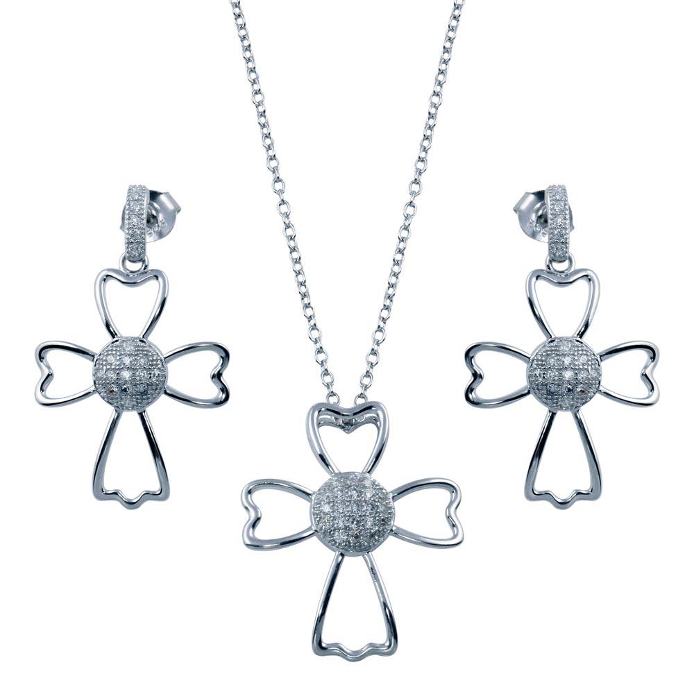 Sterling Silver Rhodium Plated Micro Pave Clear Cross Outline CZ Dangling Set