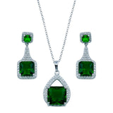 Sterling Silver Rhodium Plated Teardrop Pendant Square Green CZ Set Earring