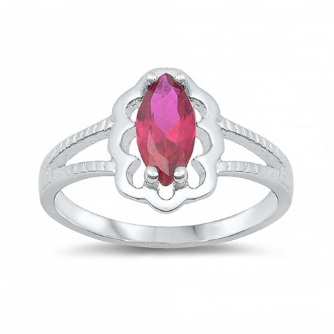 Sterling Silver Rhodium Plated Prong-Set Marquise-Cut Ruby Cz Split Band Baby Ring with Ring Face Height of 11MM and Ring Band Width of 2MM