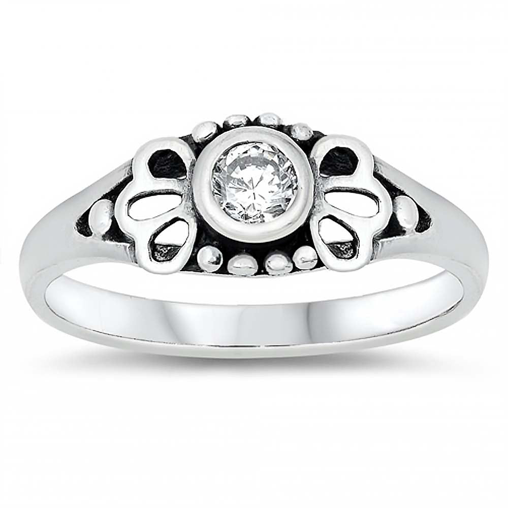 Sterling Silver Rhodium Plated Round-Cut Clear Cz Beads and Flower Shape Design Split Band Baby Ring with Ring Face Height of 5MM and Ring Band Width of 2MM