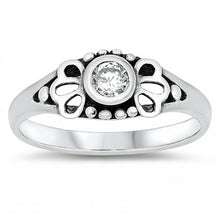 Load image into Gallery viewer, Sterling Silver Rhodium Plated Round-Cut Clear Cz Beads and Flower Shape Design Split Band Baby Ring with Ring Face Height of 5MM and Ring Band Width of 2MM