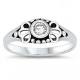 Sterling Silver Rhodium Plated Round-Cut Clear Cz Beads and Flower Shape Design Split Band Baby Ring with Ring Face Height of 5MM and Ring Band Width of 2MM