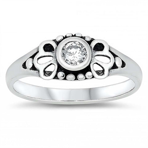 Sterling Silver Rhodium Plated Round-Cut Clear Cz Beads and Flower Shape Design Split Band Baby Ring with Ring Face Height of 5MM and Ring Band Width of 2MM