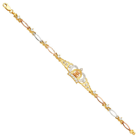 14K Tricolor 15Years Crown CZ Bracelet-7.5 inches