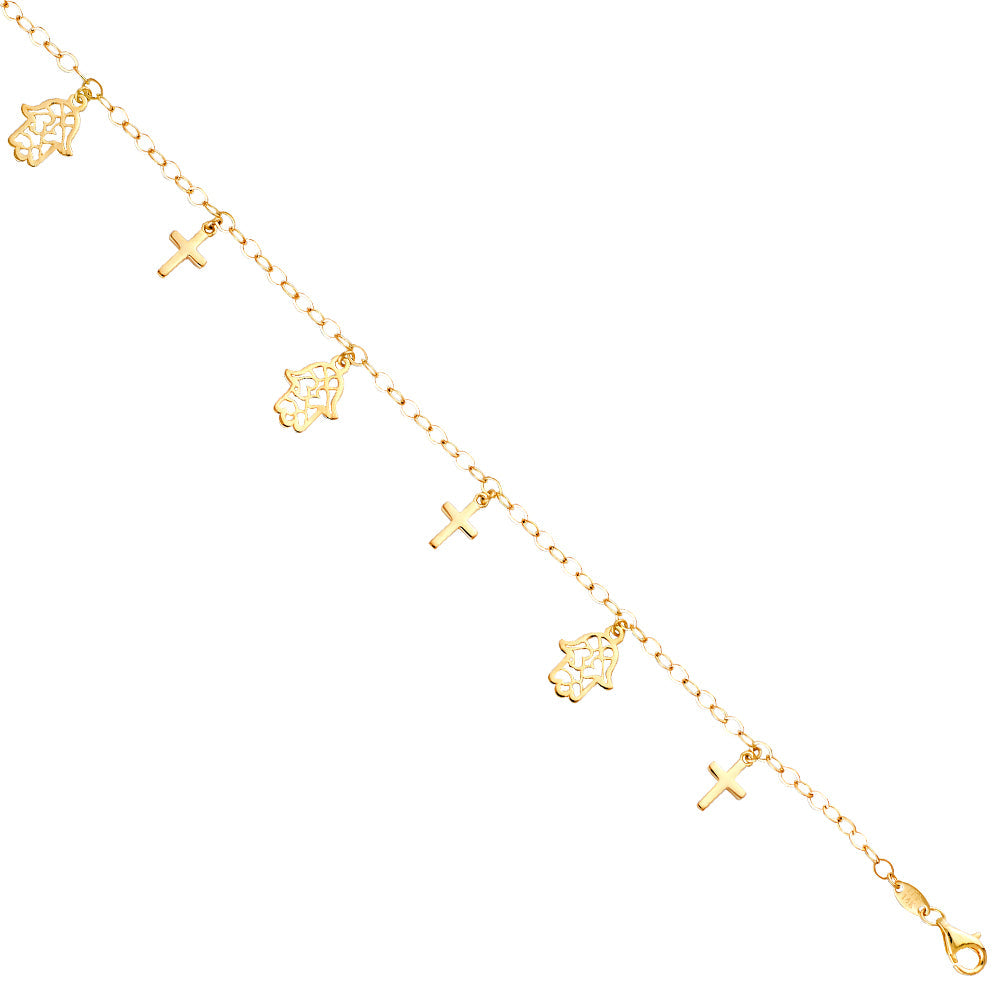 14K Yellow Hanging Hamsa and Cross Bracelet