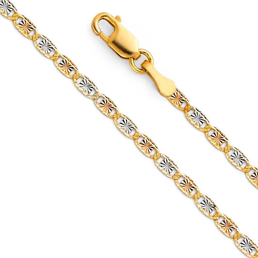 14K Gold 2mm Spring Ring Valentino Diamond Cut 3 Color Link Chain With Spring Clasp Closure