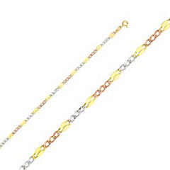 14K Gold with Tri Color 3.7mm Lobster Stamped Figaro 3+1 3 Color Regular Chain With Spring Clasp Closure
