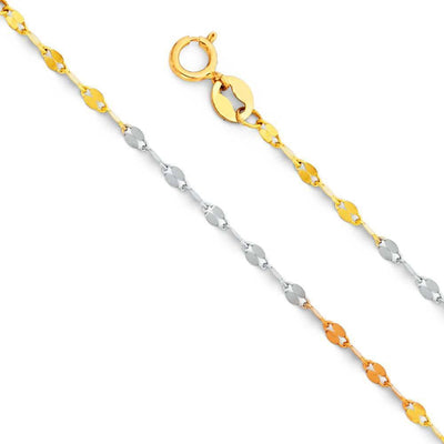 14K Gold 1.5mm Spring Ring 3 Color Twisted Stamped Mirror Link Chain With Spring Clasp Closure - silverdepot