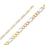 14K Gold with Tri Color 5.5mm Lobster Figaro 3+1 Concave Regular Link Chain With Spring Clasp Closure