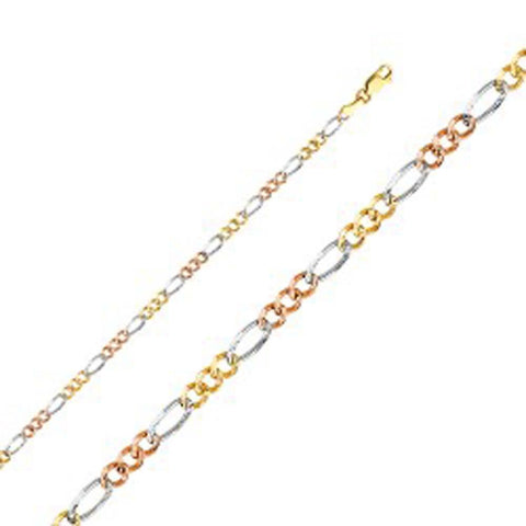 14K Gold with Tri Color 3.7mm Lobster Figaro 3+1 Concave Regular Link Chain With Spring Clasp Closure