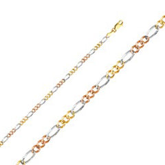14K Gold with Tri Color 3.7mm Lobster Figaro 3+1 Concave Regular Link Chain With Spring Clasp Closure
