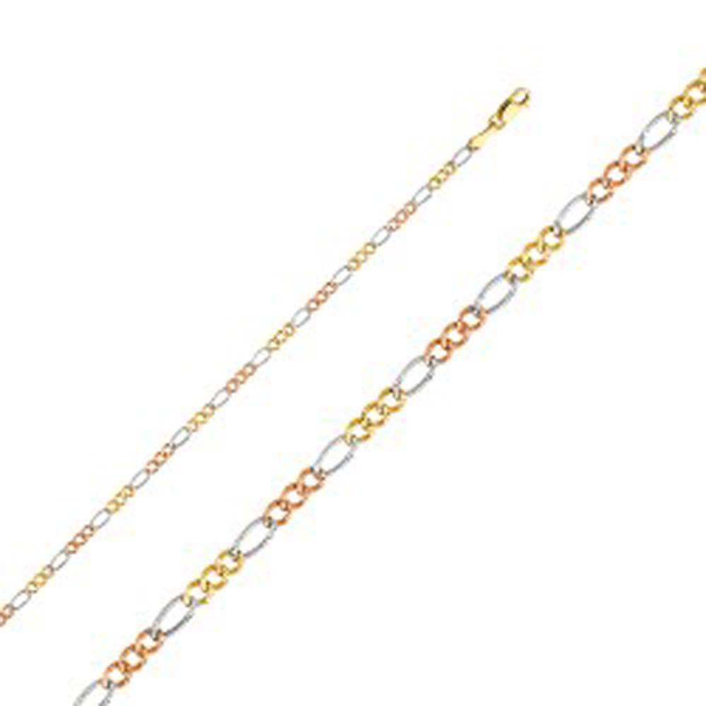 14K Gold with Tri Color 2.6mm Lobster Figaro 3+1 Concave Regular Link Chain With Spring Clasp Closure