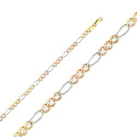 14K Gold with Tri Color 3.9mm Lobster Ficonucci 3+1 Concave Regular Link Chain With Spring Clasp Closure