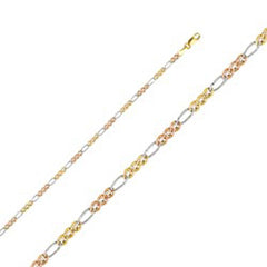 14K Gold with Tri Color 2.5mm Lobster Ficonucci  3 Color Regular Link Chain With Spring Clasp Closure