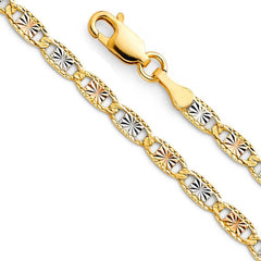 14K Gold 3.3mm Lobster Valentino With Star/Edge Diamond Cut 3 Color Link Chain With Spring Clasp Closure
