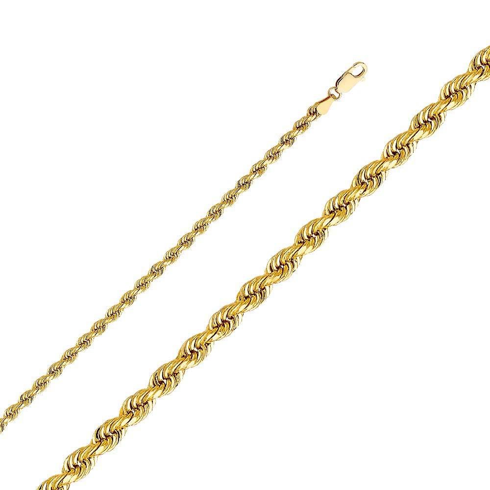 14K Yellow Gold 4mm Lobster Solid Rope Diamond Cut Chain With Spring Clasp Closure