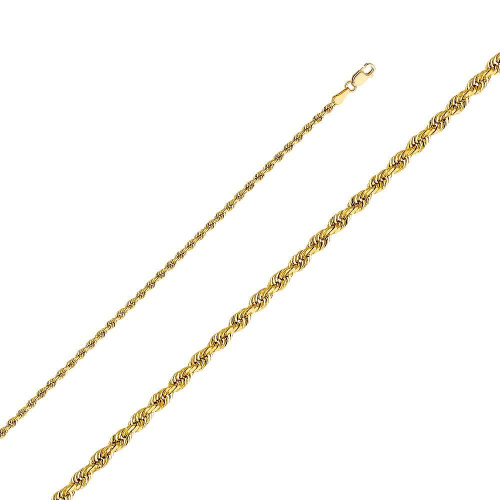 14K Yellow Gold 2.5mm Lobster Solid Rope Diamond Cut Chain With Spring Clasp Closure