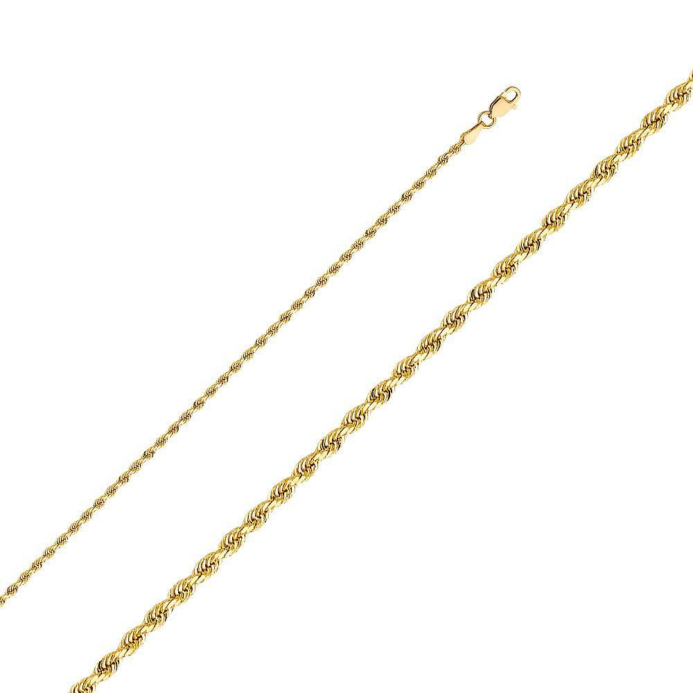 14K Yellow Gold 2mm Lobster Solid Rope Diamond Cut Chain With Spring Clasp Closure