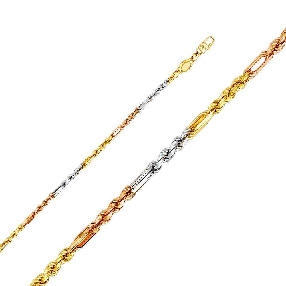 14K Gold 3mm Lobster 3 Color Figarope Link Assorted Chain With Spring Clasp Closure - silverdepot