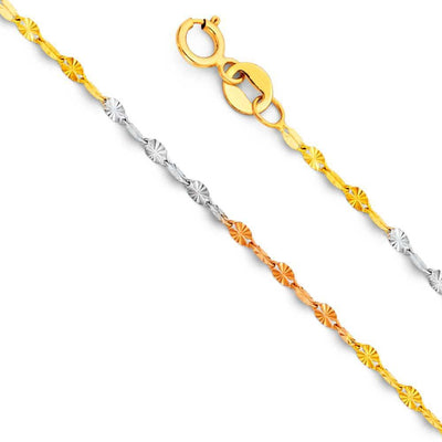 14K Gold 1.7mm Spring Ring 3 Color Stamp Mirror Star Diamond Cut Link Chain With Spring Clasp Closure - silverdepot